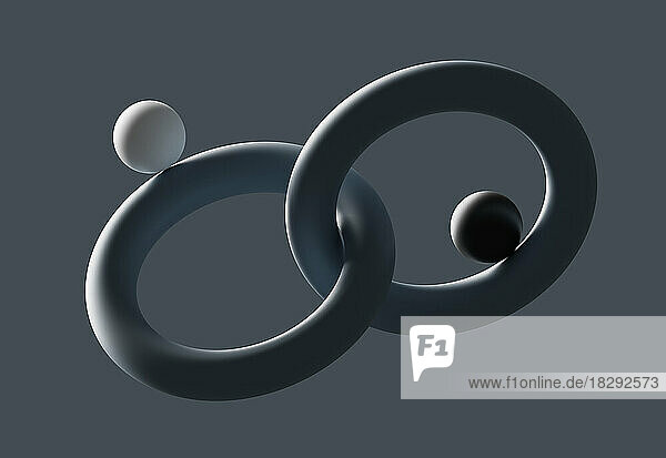 Three dimensional render of two spheres balancing on interlocked circles
