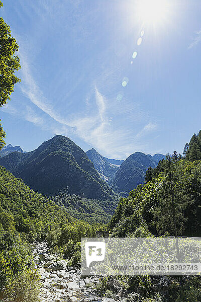 Switzerland  Ticino Canton  Sun shining over Lavizzara Valley in summer