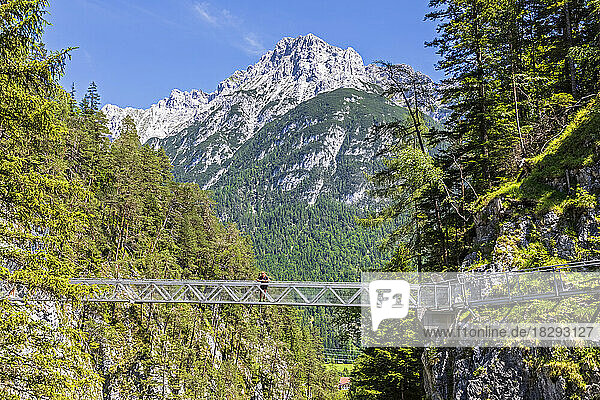 Austria  Female hiker admiring surrounding landscape from bridge stretching over Leutasch Gorge