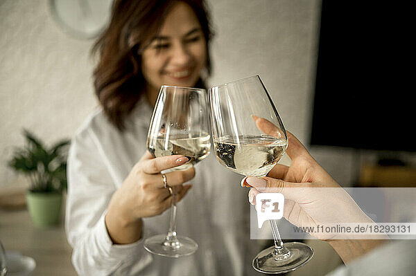 Happy friends toasting glasses at home