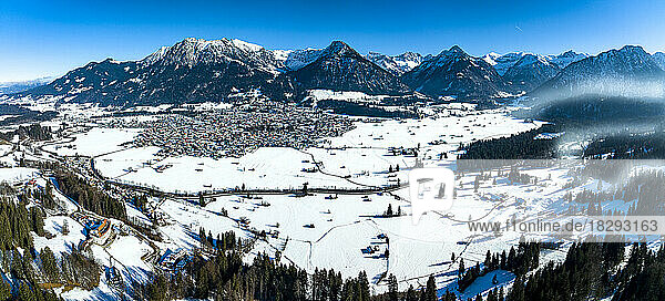 Germany  Bavaria  Oberstdorf  Aerial panorama of Allgau Alps in winter