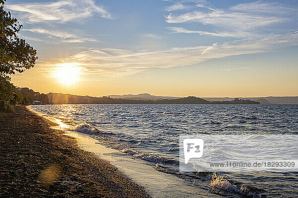 Italy  Lazio  Capodimonte  Shore of Lake Bolsena at sunset
