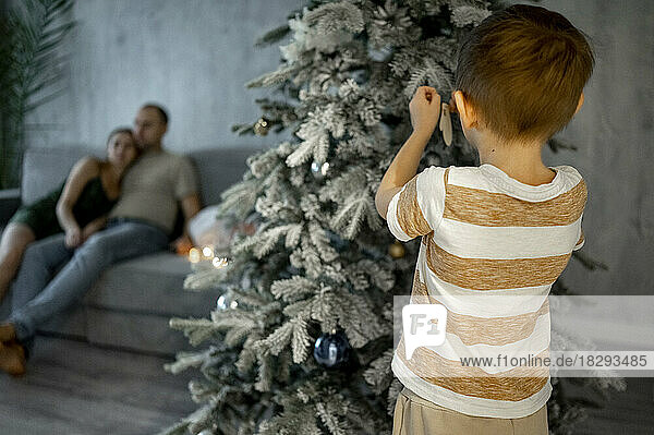 Boy decorating Christmas tree with father and mother sitting on sofa in background at home