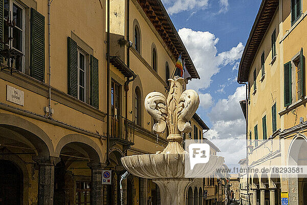 Italy  Tuscany  Poppi  Town fountain in summer