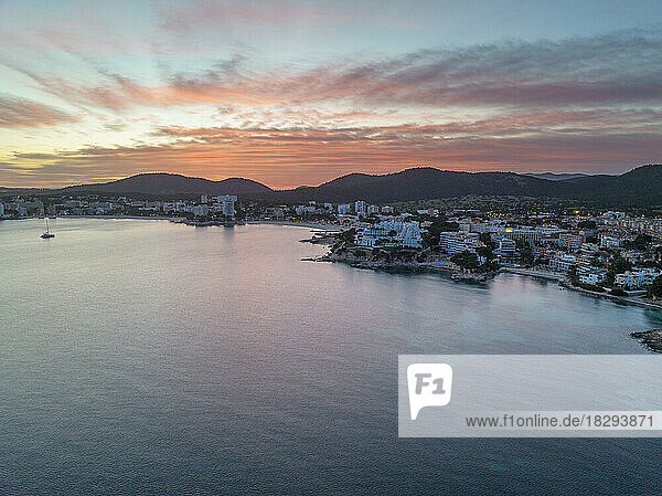 Spain  Balearic Islands  Mallorca  Santa Ponsa  Aerial view of seaside town at dusk