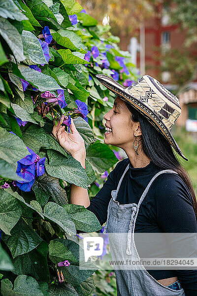 Happy woman wearing hat touching flower in garden