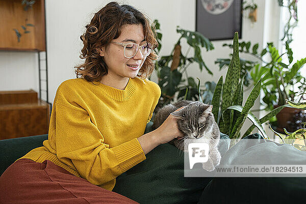 Smiling young woman stroking cat at home