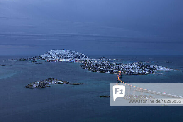 Norway  Troms og Finnmark  Tromso  Aerial view of Sommaroy Bridge at dusk