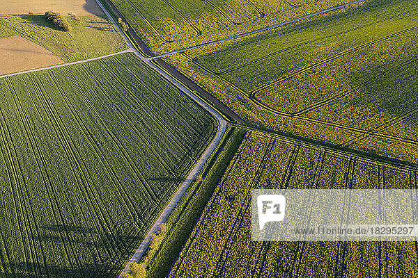 Germany  Baden-Wurttemberg  Aerial view of country road stretching between countryside fields in spring