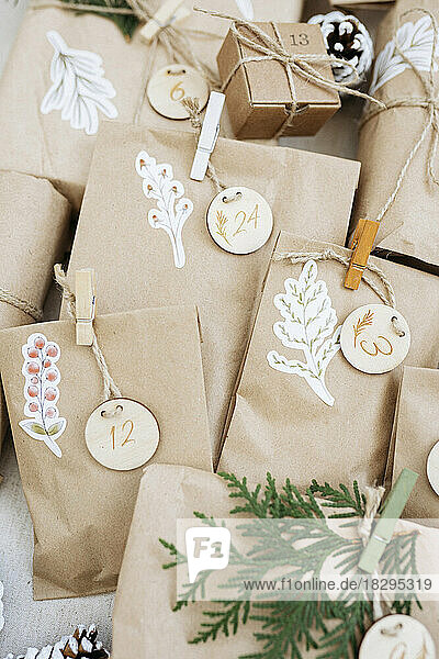 Decorated brown paper bags for advent calendar