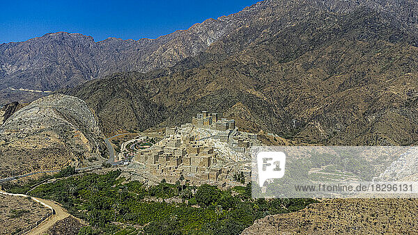 Saudi Arabia  Al Makhwah  Zee Ain  Aerial view of ancient village built on summit of White Mountain