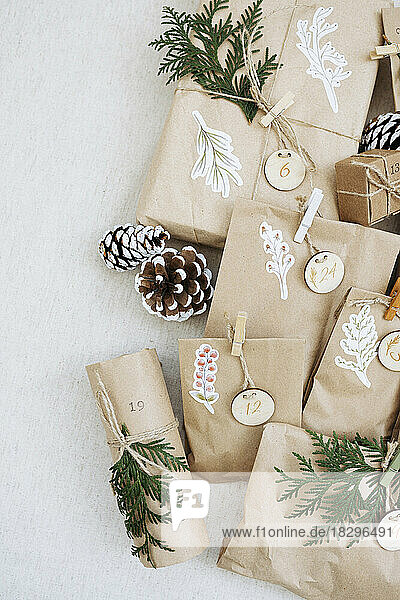 Decorated brown paper bags kept with pine cones on carpet