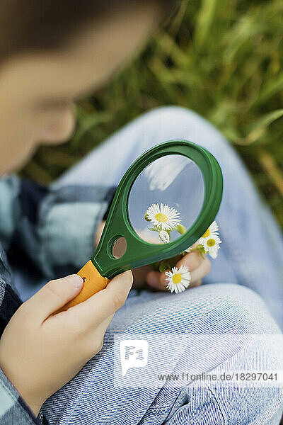 Boy looking at flowers with magnifying glass