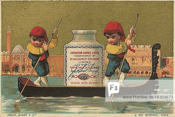 Serie Genrebilder 3 (1873 bis 1878) (Paris) Kinder auf einer Gondel in Venedig transportieren ein Liebig Glas  Gondoliere  Italien  Liebigbild  historisch  digital restaurierte Reproduktion eines Sammelbildes von ca 1900  Europa