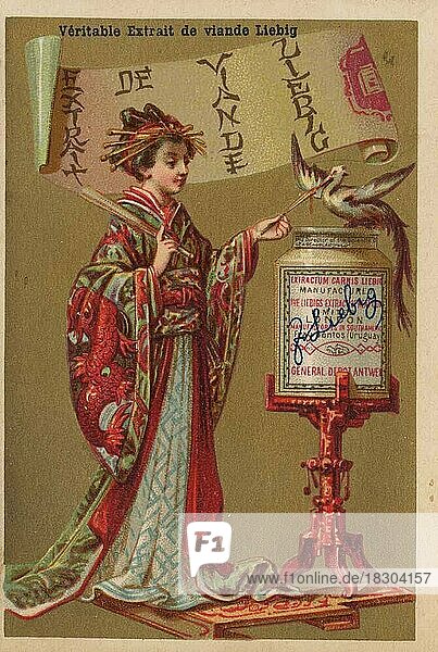 Bilderserie Japaner  1878  Paris  Frau füttert Vogel  Liebigbild  historisch  digital restaurierte Reproduktion eines Sammelbildes von ca 1900