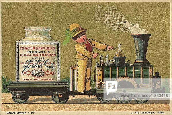 Serie Genrebilder 3 (1873 bis 1878) (Paris) Lokführer  Kind steht auf einer kleinen Lok  am Tender steht ein Liebig Glas  Lokomotive  Liebigbild  historisch  digital restaurierte Reproduktion eines Sammelbildes von ca 1900