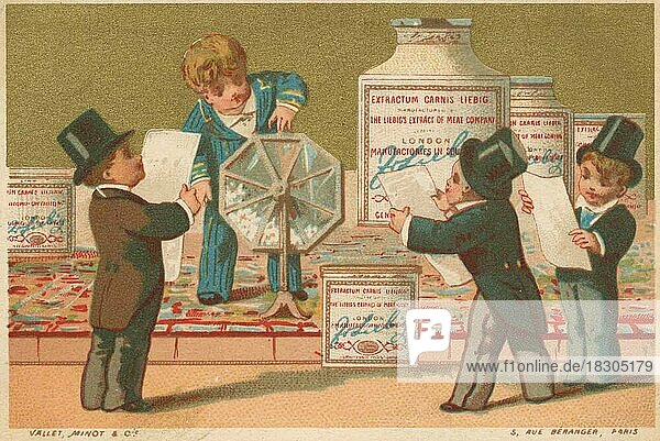 Serie Genrebilder 5 (1873 bis 1878) (Paris) Lotterie mit Liebig Gläsern  Kinder als vornehme Glücksspieler  Verlosung von Liebigtöpfen  Liebigbild  historisch  digital restaurierte Reproduktion eines Sammelbildes von ca 1900