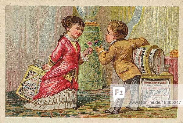 Serie Genrebilder 1 (1873 bis 1878) (Paris) Kinder als Kavalier  Herr beschenkt Dame im Salon  Liebigbild  historisch  digital restaurierte Reproduktion eines Sammelbildes von ca 1900
