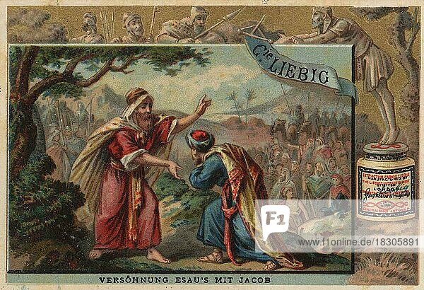 Series of pictures Biblical Stories I.  1883  Paris  Reconciliation of Esau with Jacob  Liebig picture  historical  digitally restored reproduction of a collective picture from c. 1900