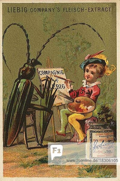 Bilderserie Komische Tierszenen  Insekten und Kinder  1878  Paris  Holzbock und Maler  Liebigbild  historisch  digital restaurierte Reproduktion eines Sammelbildes von ca 1900