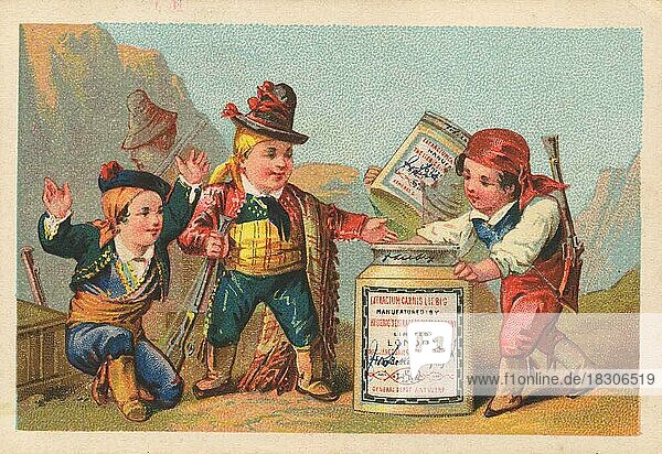 Serie Genrebilder 1 (1873 bis 1878) (Paris) Kinder als drei spanische Wegelagerer  Liebigbild  historisch  digital restaurierte Reproduktion eines Sammelbildes von ca 1900