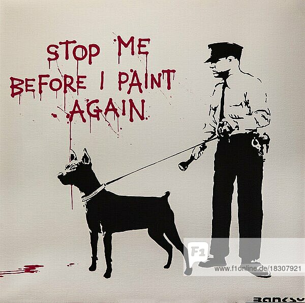 Stop Me Before I Paint Again  stellt die Ueberlegenheit der Strassenkuenstler gegenueber der Polizeit dar  2004  Banksy  Ausstellung über den Street-Art-Künstler  Mülheim  Deutschland  Europa