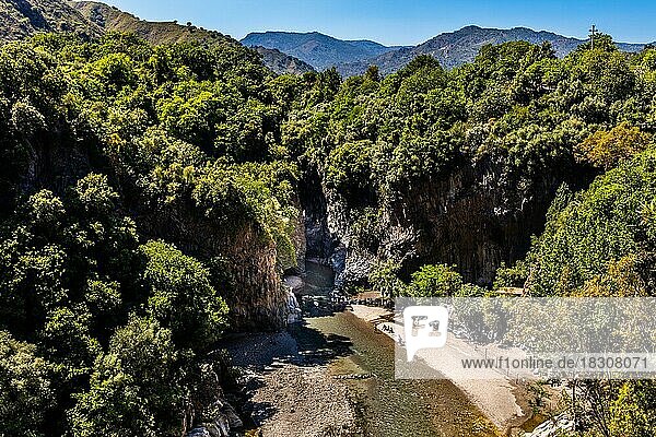Alcàntara gorge near Fondaco Motta as the result of several lava flows  Aetna with four summit craters is the highest active volcano in Europe at 3357 metres  Fondaco Motta  Sicily  Italy  Europe