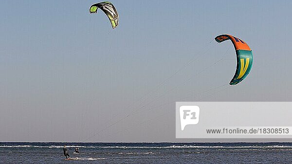 Zwei Kitesurfer  in Bewegung  Kites in der Luft  Südosten  Jandia  Sandstrände  blauer wolkenloser Himmel  Fuerteventura  Kanarische Inseln  Spanien  Europa