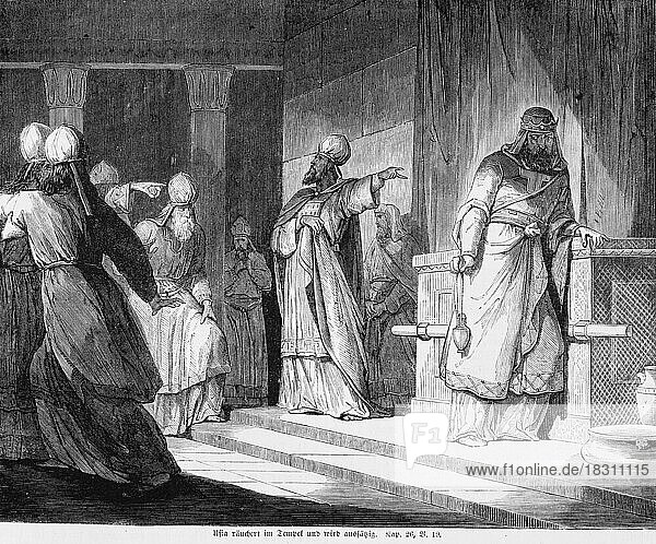 Uzziah burning incense in the temple and becoming a leper  wrath  incense  several priests  altar of incense  interior  Bible  Old Testament  Second Book of Chronicles  chapter 26  verse 19  historical illustration c. 1850