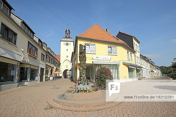 Suburban tower with Mozart fountain  gate tower  Kirchheimbolanden  Rhineland-Palatinate  Germany  Europe