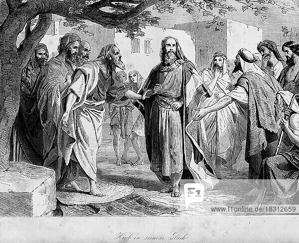 Hiob in seinem Glück  im Freien  viele Menschen  Baum  Schatten  reden  Gewand  betrachten  Bibel  Altes Testament  Das Buch Esther  historische Illustration um 1850