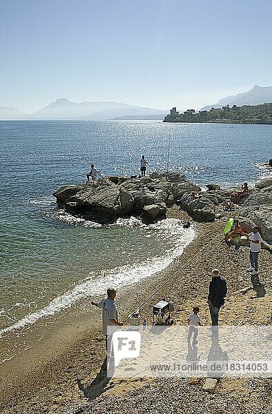 Anglers on the beach of Porticello  Palermo region  Sicily  Italy  Europe