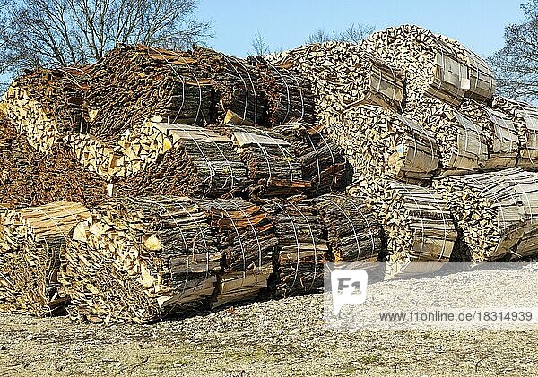 Bundles of wood offcuts and bark at a willow sawmill  Suffolk  England  UK
