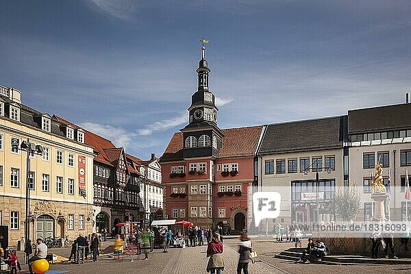 Market square with town hall (right)  St. George's Fountain and town palace (left)  Eisenach  Thuringia  Germany  Europe