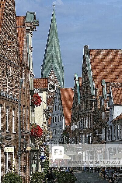 Historic Giebl houses in the old town  tower of St. John's Church in the back  Lünburg  Lower Saxony  Germany  Europe