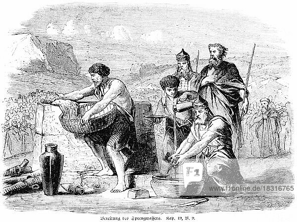 Preparation of the Sprengwasser  prepare  water  bowl  jug  priest  sin offering  sin  sacrifice  group  landscape  mountains  Bible  Old Testament  Book 4 of Moses  Chapter 19  Verse 9  historical illustration c. 1850