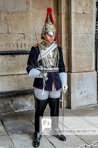 Guard soldier of the Royal Horse Guards in Whitehall  London  City of London  England  United Kingdom  Great Britain  Europe