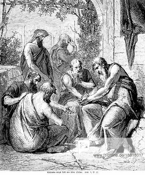 Ephraim bears sorrow for his sons  People  Men  Sitting talking  Conversation  Suffering  Outdoors  Bible  Old Testament  First Book of Chronicles  Chapter 7  Verse 22  historical illustration circa 1850