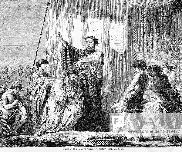 Moses consecrates Eleazar as Aaron's successor  Aaron  consecration  ceremony  group  kneeling  praying  pouring  cup  animals  Bible  Old Testament  Book of Moses  Chapter 20  Verse 28  historical illustration c. 1850