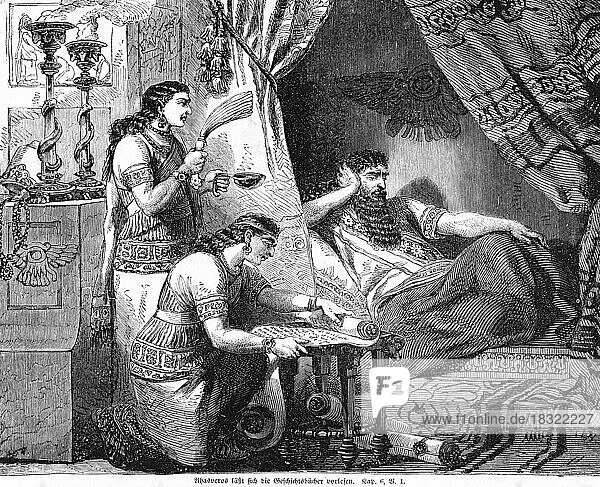 Ahasuerus has the history books read to him  bed  curtain  lights  woman  servants  king  bedchamber  chronicle  lie  kneel  Bible  Old Testament  The Book of Esther  chapter 6  verse 1  historical illustration c. 1850