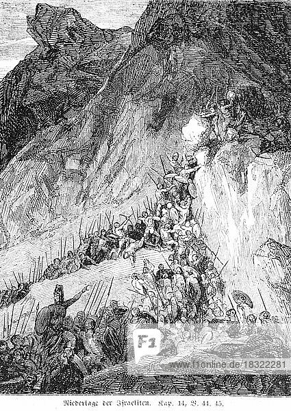 Defeat of the Israelites  warriors  crowd  battle  weapons  spears  Amorites  Cananites  Horma  Amorite Mountains  Khalasa  mountains  landscape  Old Testament  Genesis  Fourth Book of Moses  chapter 14  verse 44  45  historical illustration circa 1850