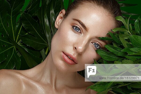 Schönes frisches Mädchen mit perfekter Haut  natürlichem Make-up und grünen Blättern. Schönes Gesicht. Foto im Studio aufgenommen