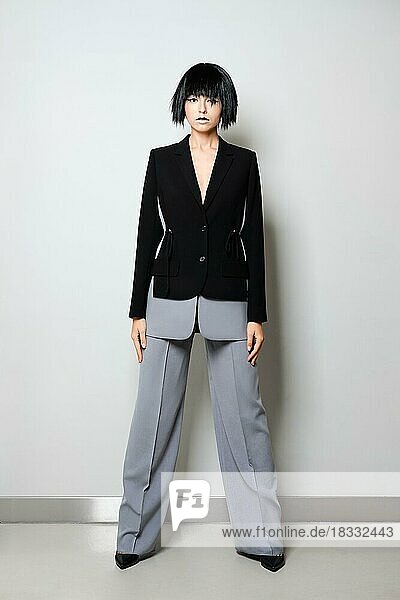 Stilvolles Model mit kurzer schwarzer Perücke posiert in einem zweifarbigen Hosenanzug mit weiter Hose und Jacke mit tiefem Ausschnitt