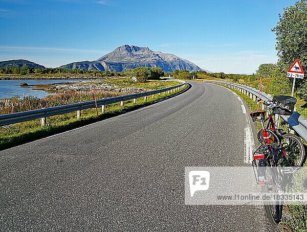 Fahrrad vor Verkehrsschild an einer schmalen Straße  das vor Schafen warnt  Berge und Meer TJotta  Kystriksveien  FV 17  Helgeland  Norwegen  Europa