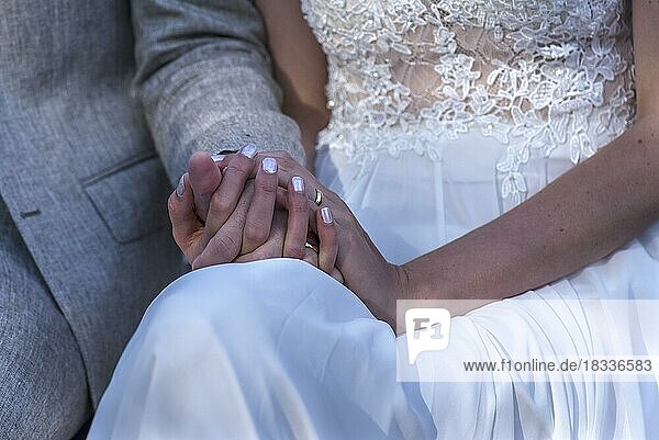 Brautpaar hält sich die Hände während der Trauung  Nidersacsen Deutschland
