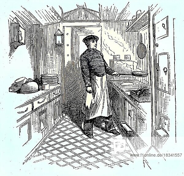 Szene auf einem englischen Auswandererschiff  um 1880  die Küche  Kombüse  Historisch  digital restaurierte Reproduktion einer Vorlage aus dem 19. Jahrhundert