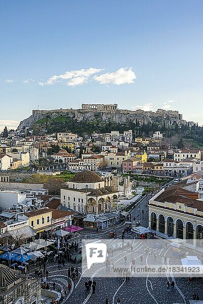 View over the old town of Athens  with Tzisdarakis Mosque and Acropolis  Monastiraki Square  Athens  Attica  Greece  Europe