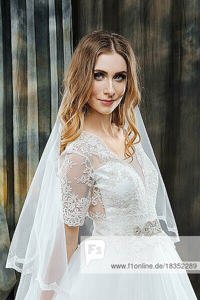 Portrait of pretty bride in wedding dress with veil in hair
