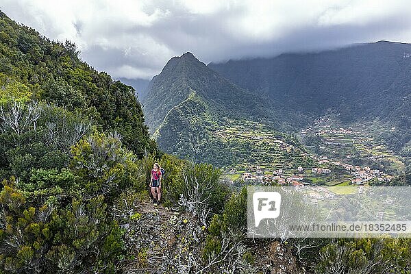 Hiker in the mountains of Boaventura  Madeira  Portugal  Europe