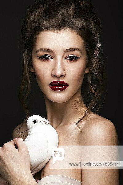 Schönes Mädchen mit klassischem Make-up  Hochzeitsfrisur  hellen Lippen und einer Taube in ihren Händen. Die Schönheit des Gesichts. Fotos im Studio aufgenommen